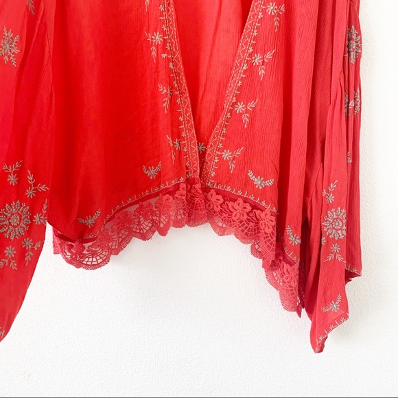 Free People Fire Red Embroidered Kimono size small - Picture 7 of 12